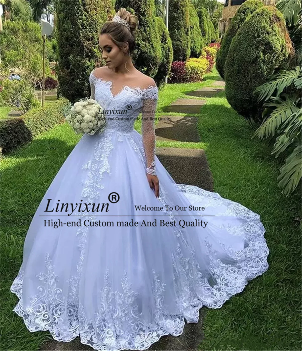 Vintage A Line Lace Wedding Dress Long Sleeve Puffy Western Garden Bridal Gowns Off Shoulder