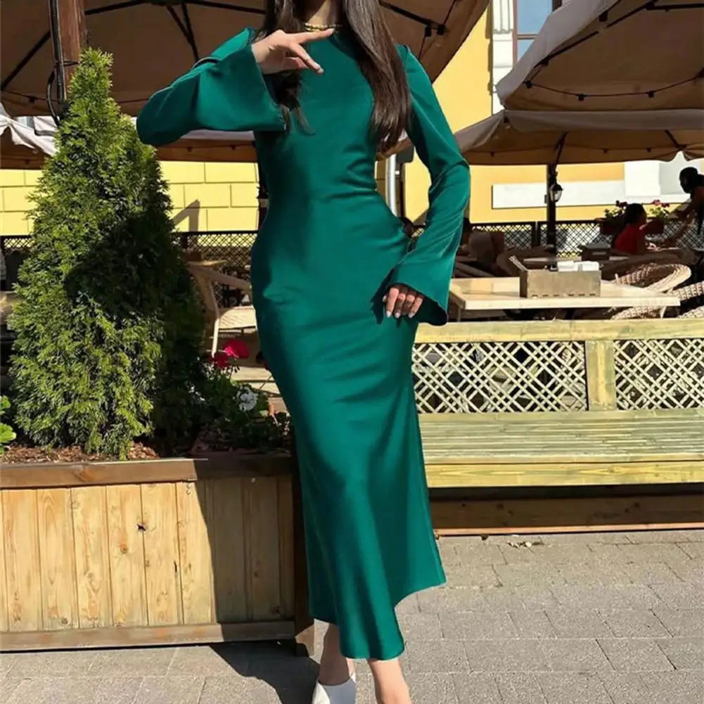 

Women Hip-hugging Silhouette Dress Spring Fall Long Sleeve Ankle Length Maxi Dress Solid Color Round Neck Tight Waist Dress