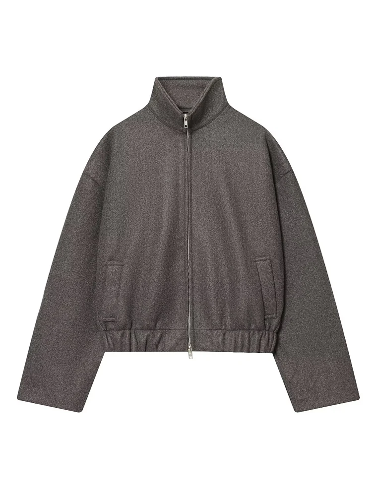 2025 Women's Casual With Pockets Oversized Bomber Jacket Coat Fashion Vintage Stand Collar Long Sleeve Zipper Female Outerwear