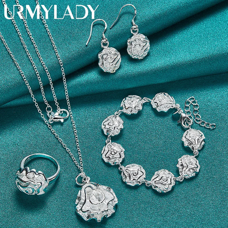 URMYLADY 925 Sterling Silver Rose Flower Necklace Bracelet Earring Ring Jewelry Set For Women Wedding Party Fashion Charm Gift 1