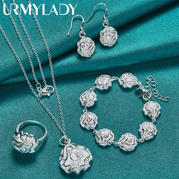 URMYLADY 925 Sterling Silver Rose Flower Necklace Bracelet Earring Ring Jewelry Set For Women Wedding Party Fashion Charm Gift 1