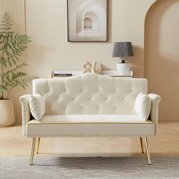 Modern Velvet Loveseat Sofa with Gold Metal & Side Pockets 1