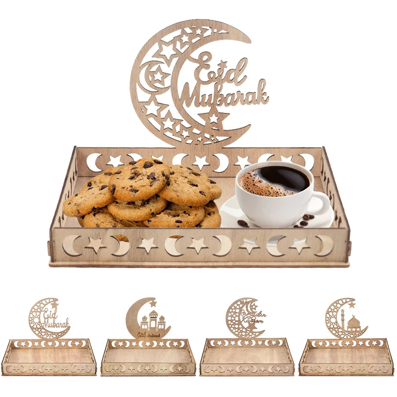 Atuoxing Ramadan-bord, Eid Mubarak-bord, houten dienblad, dessertdienblad, houten plaat met maan- en sterpatroon, ramazan decoratie, voor snoep, cake, koekjes, voor Eid tafeldecoratie