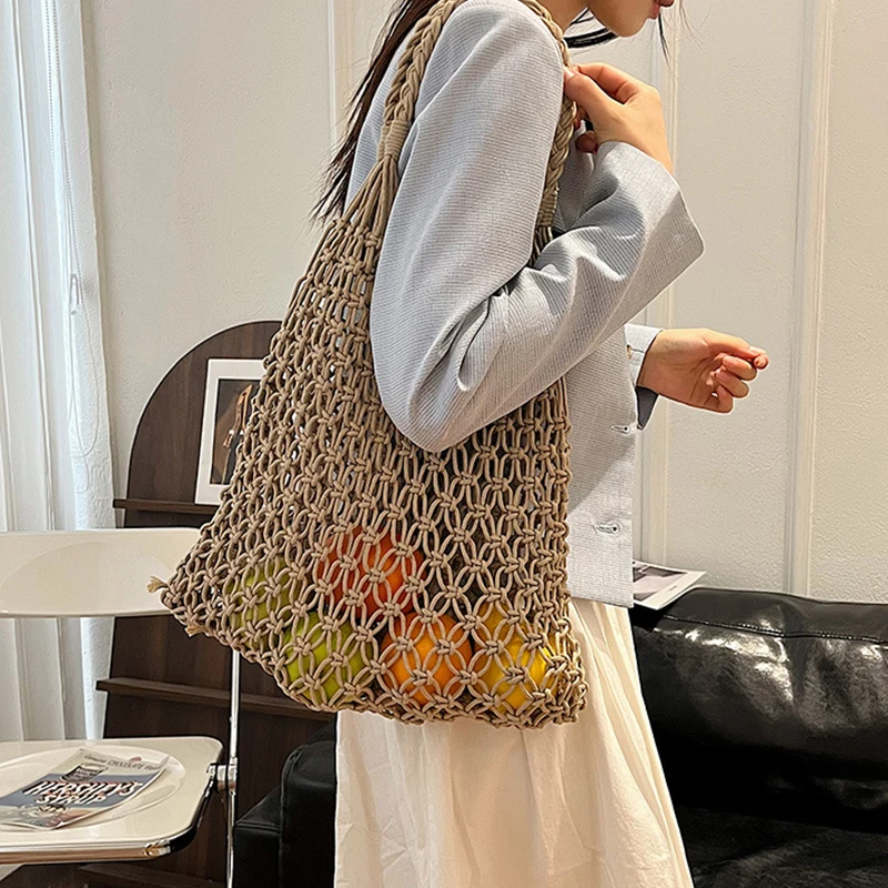 Women Bag Bucket Cotton Beach Bag Bag Casual Hollow Out Solid Soft High-Capacity Shoulder Bag Travel Handbag