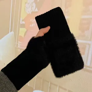 Hot Plush Knitted Half Finger Glove Mink Fleece Soft Fingerless Gloves Winter Women Warm Girl Solid White Wrist Mittens Writting