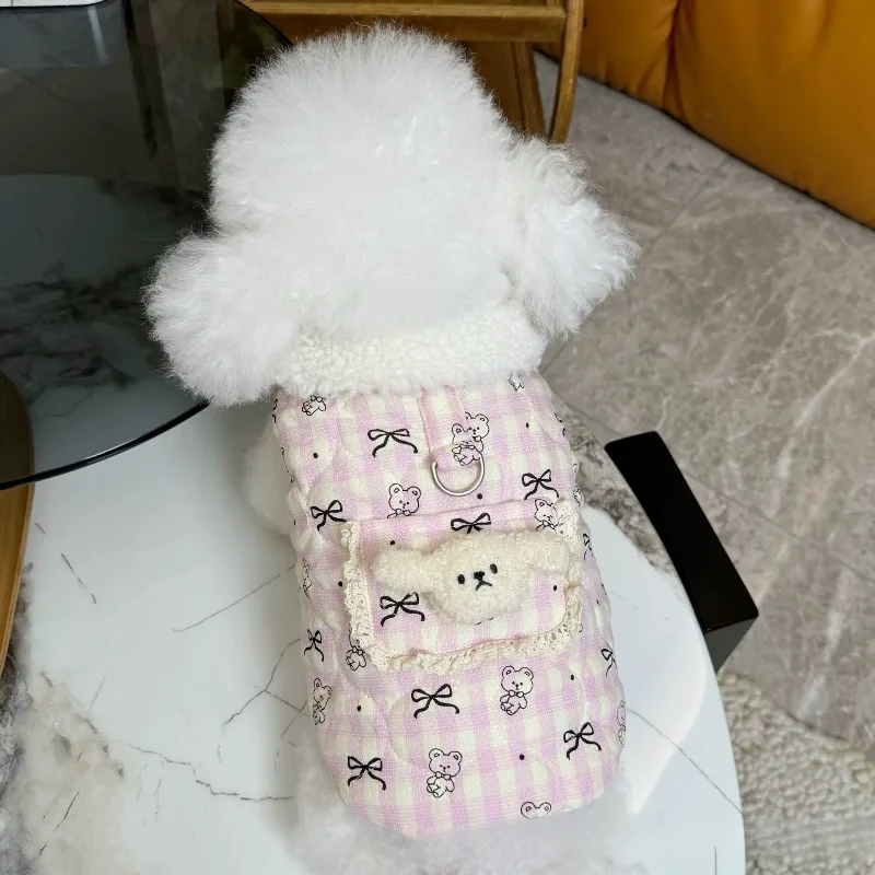 애완동물 조끼 겨울용 면 벨벳 인형 칼라 조끼 가디건 조끼 강아지 고양이 목줄 버클 면 한국식 리본 곰 프린트 애완동물 옷