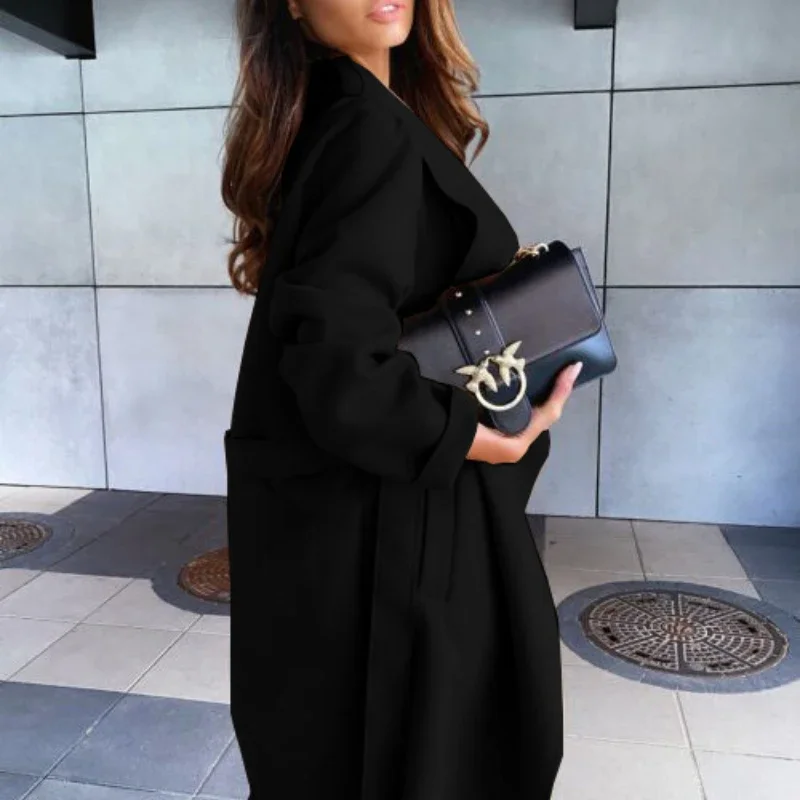 2024 Fashion European and American Autumn and Winter Solid Color Lapel Long-sleeved Tie Cardigan Woolen Coat Women's Clothing