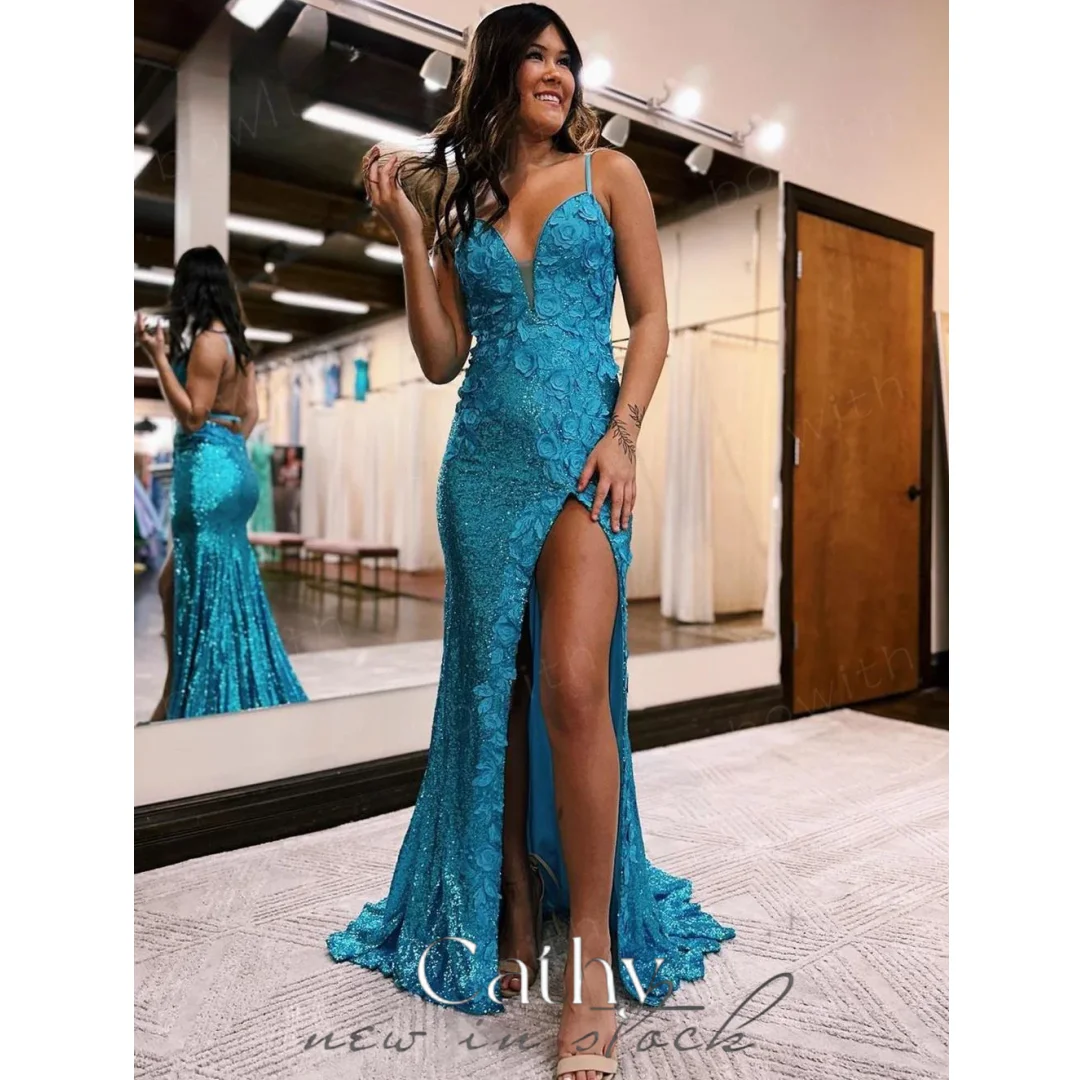 

Cathy Spaghetti Strap Prom Dresses Tulle Mermaid Backless فساتين السهرة Elegant Sleeveless Floor-Length vestidos verano moda