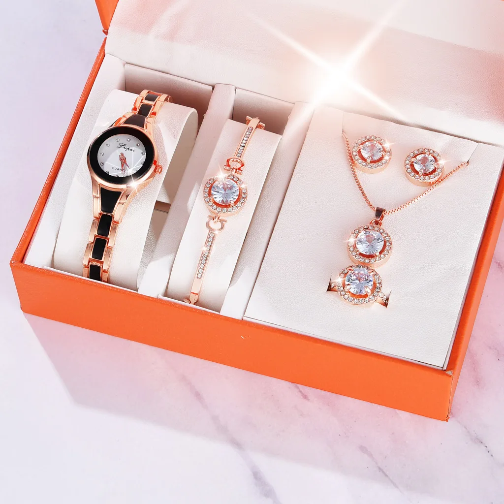 

New Fashion Luxury 5Pcs Set Watch Women Quartz Watch Design Bracelet Necklace Earring Ring Watch Sets Female Jewelry Lady's Gift