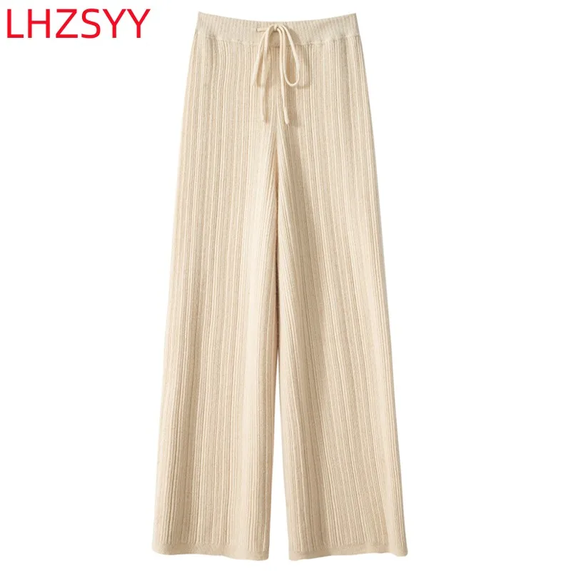 LHZSYY 100%Goat Cashmere Wide-Leg Pants Ladies New Pit Knitted Straight Pants Long Thick Casual Pants High Waist High-End Winter