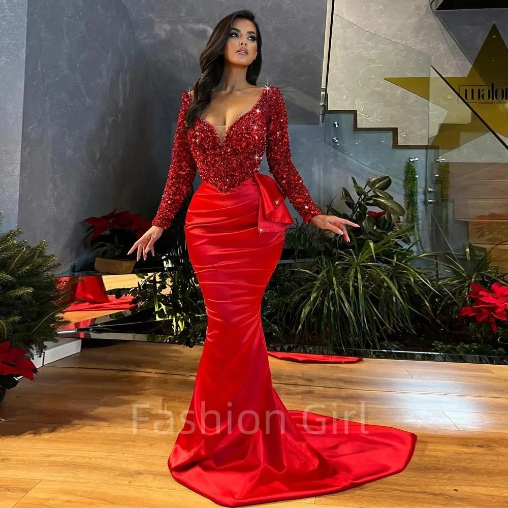 

Red Mermaid Prom Dresses Deep V Neckline Evening Gowns With Long Sleeves Sweep Train Satin Special Occasion Formal Wear 2024