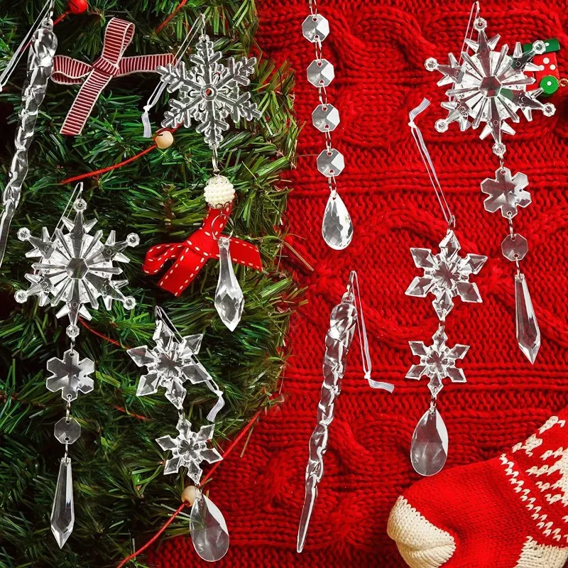 2PCS Transparent Pink Blue Acrylic Snowflakes Christmas Crafts Pendants  Ornaments Xmas Tree Kids Gift Hangings Decorations