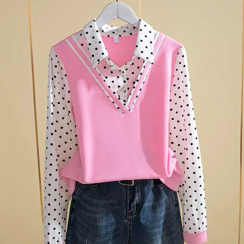 2023 Women Fake Two Polka Dot Print Bottoming Shirts Top Fashion All-match Long-sleeved Polo Collar Blouse