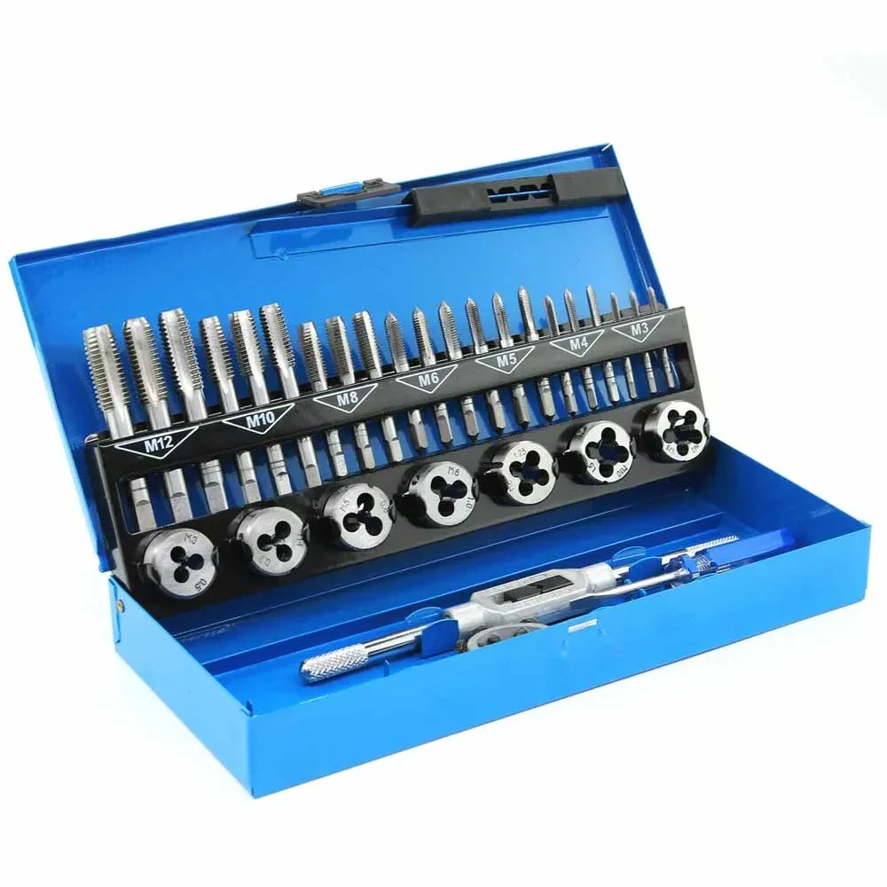 32Pcs Metric Tap And Die Set M3 M4 M5 M6 M8 M10 M12 Nut Bolt Screw Thread Taper Intermediate and Plug Wrench Repair Tools Kit