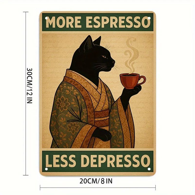 [1 panneau en étain pour café, plus expresso moins de dépresso, Design de chat noir, panneau de café drôle, décor de café, Art mural moderne