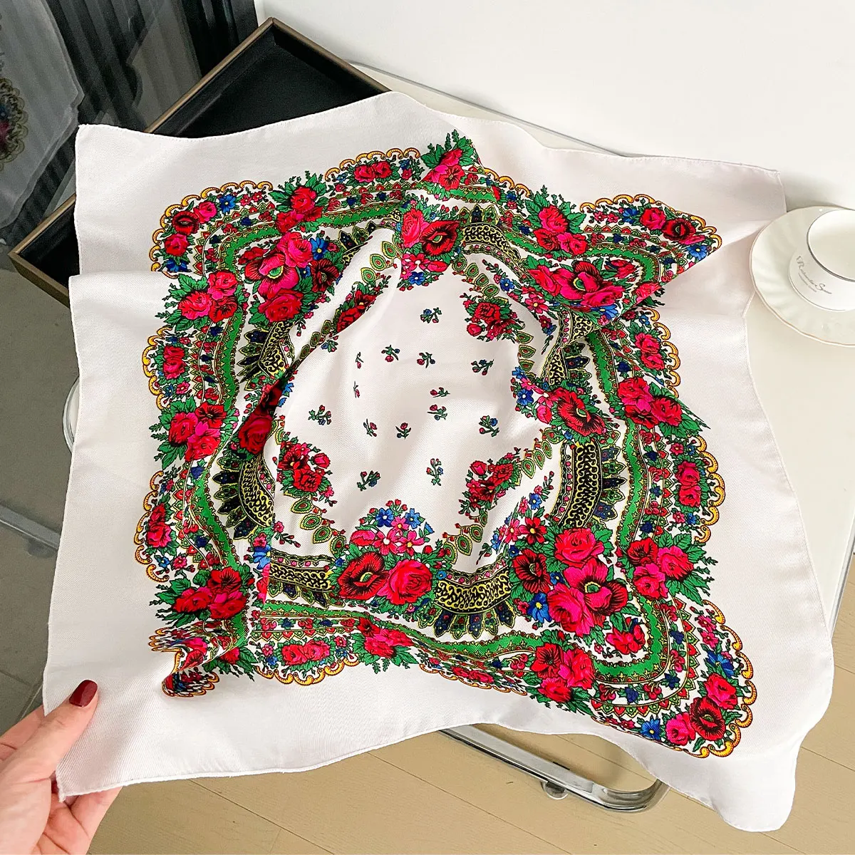 70X70CM Hochwertige Quadratische Mode Schal Frauen Floral Baumwolle Bandanas Dame Schals Hijab Stirnband Zubehör Taschentuch Haar – Detail 32