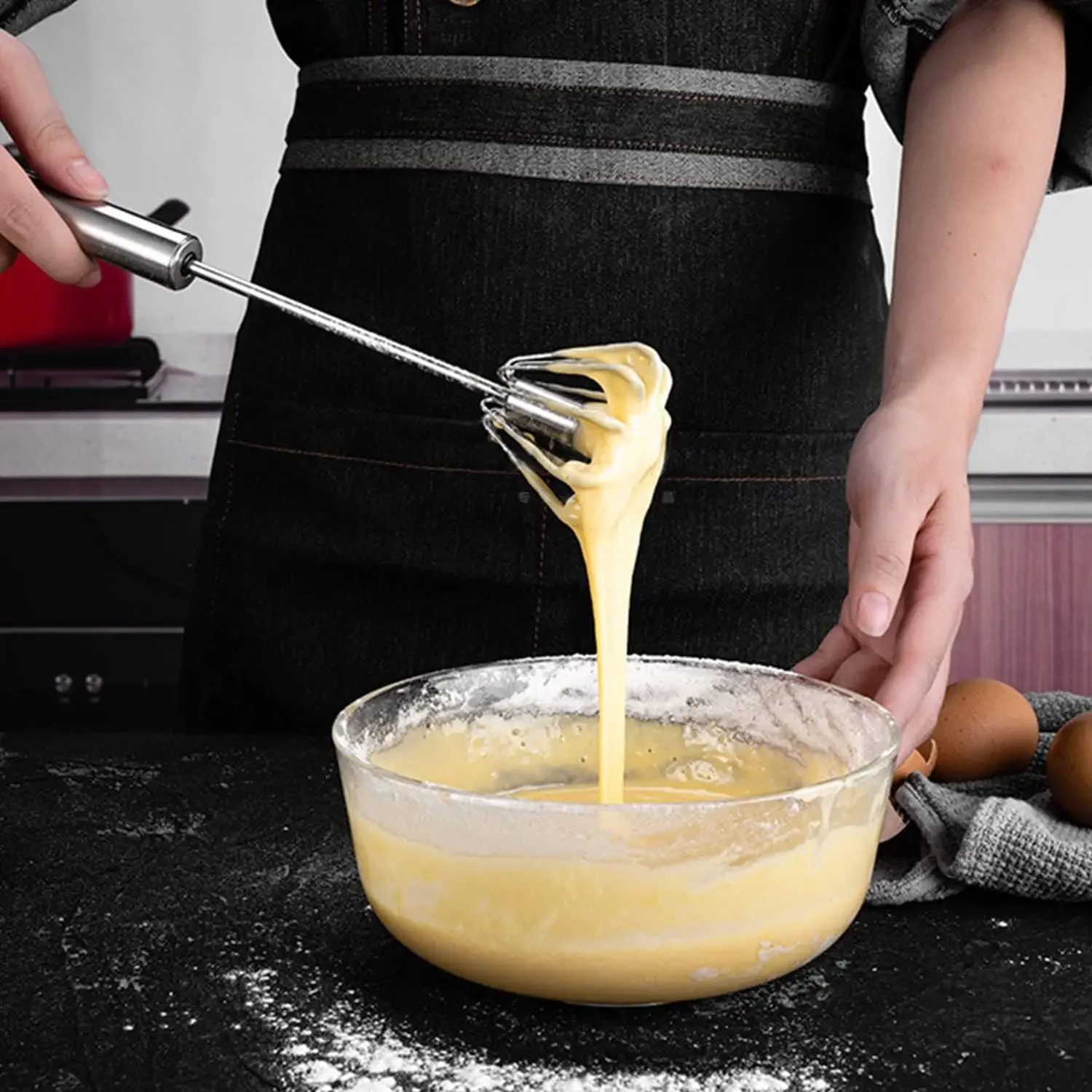 Description Picture 6 of itemStainless Steel Whisk Hand Pressure Egg Beater Manual Semi-automatic Rotating Egg Tools Stiring Cream Mixer Kitchen Baking Tools