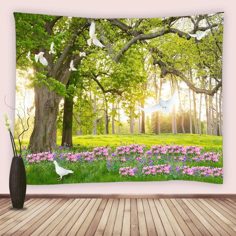 

Forest Garden Tapestry Wall Hanging Wild Flower Pigeon Tree Scenery Tapestries for Dorm Living Room Bedroom Blanket Beach Towels