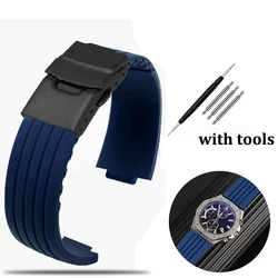 Enhanced Sports Waterproof Silicone Watch Band with Striped Design - Fits 22x11mm, 24x12mm, and 24x12mm Convex Strap Sizes - 22mm - 11mm (Blue - black)