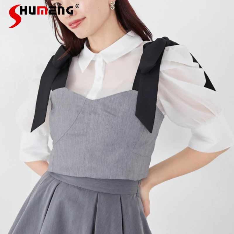 Women's Clothing Spring And Summer New All-Match Japanese Rojita Sweet Cute Suit Sling Mesh Bottoming Shirt Bow Slimming Top