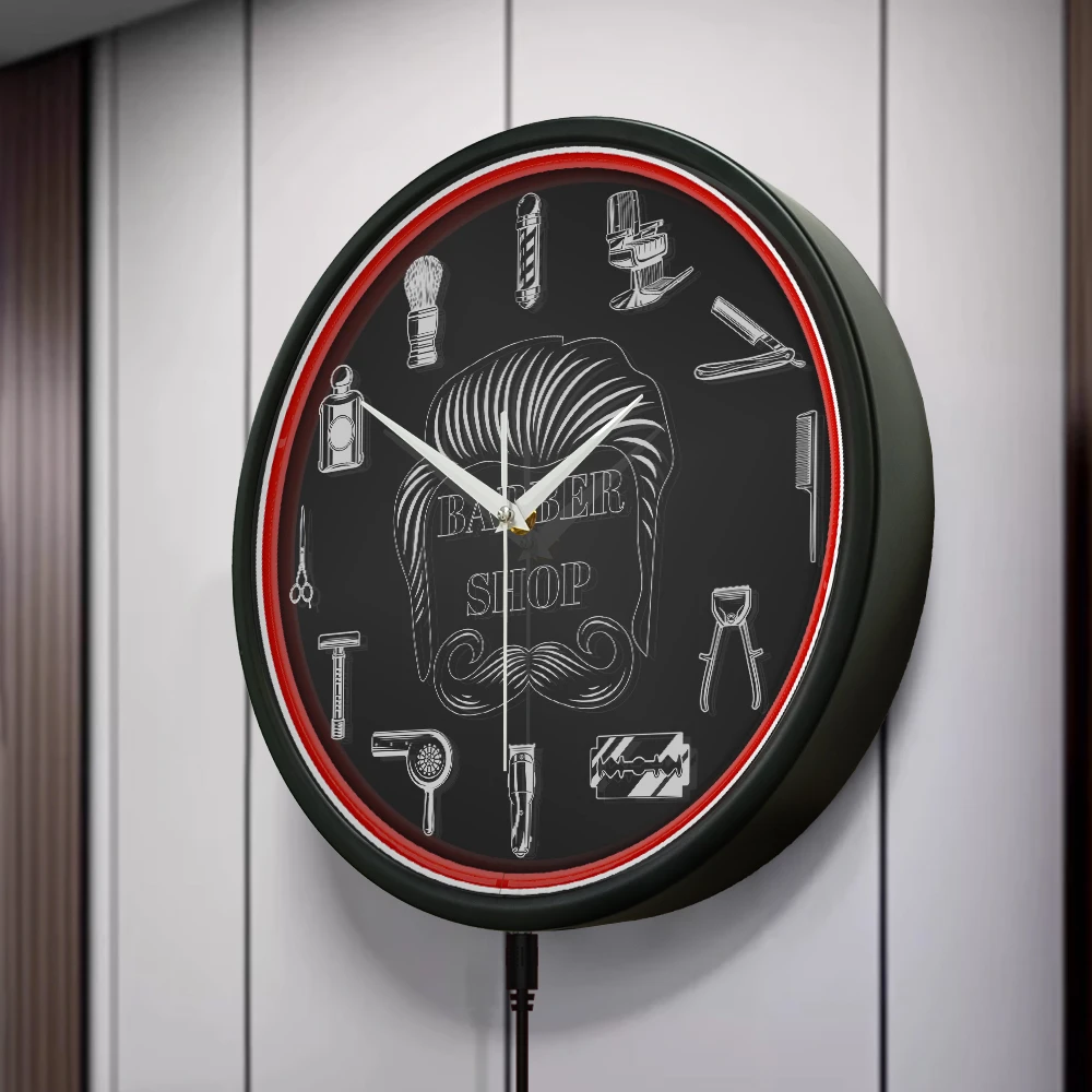 Barber Shop Red Neon Logo Metal Frame Wall Clock for Man Cave Barbering Business Sign Flexible Flex illuminated Neon Wall Clock