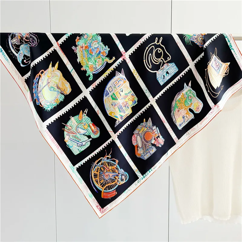 

Horse Print Mulberry Silk Scarf 90 Twill Scarfs Bandanas Manual Hem Rolled 100% Silk Shawls Handkerchief Decoration Foulard