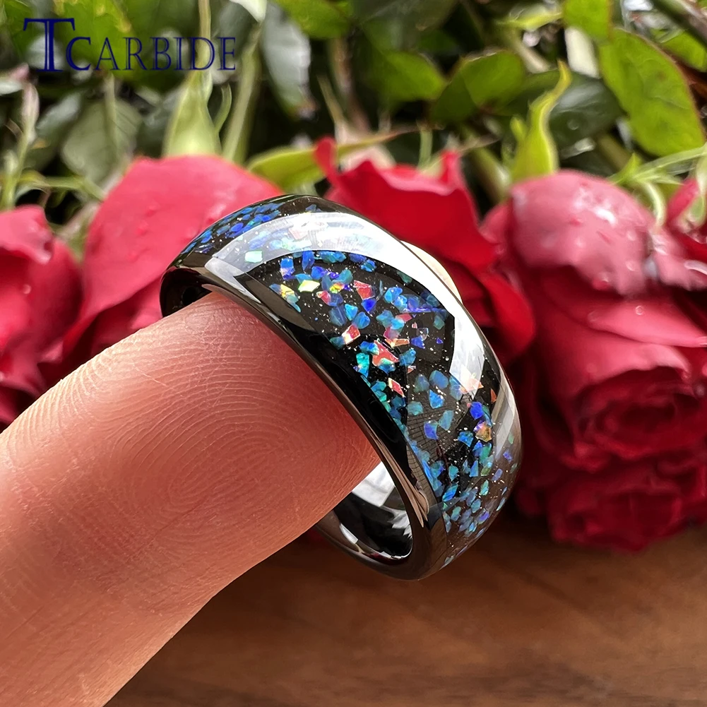 8mm Black Tungsten Engagement Wedding Band Men Women Ring Galaxy Series Opal Inlay Dome Polish Fashion Gift Jewelry Comfort Fit