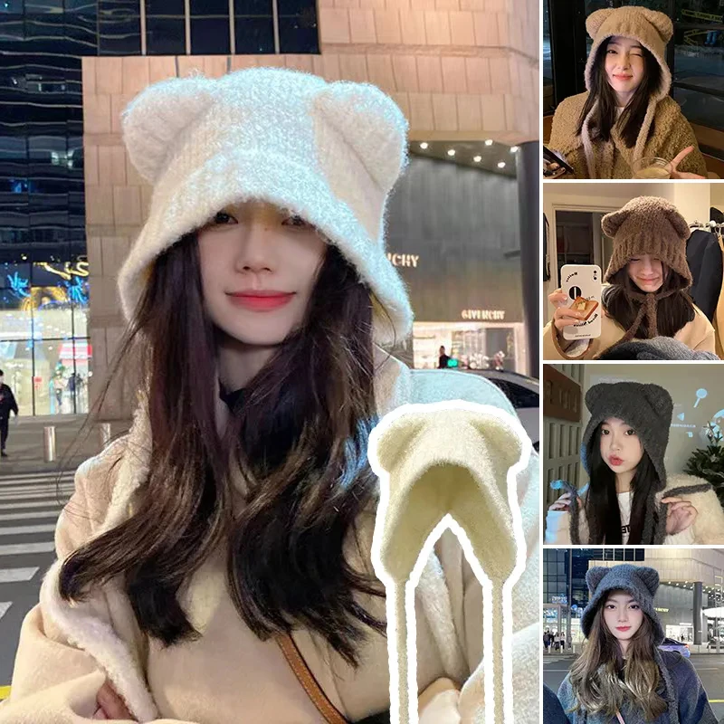 Winter Hat Knitted Earflap Hat Bear Women Earmuffs Cap Woolen Crochet