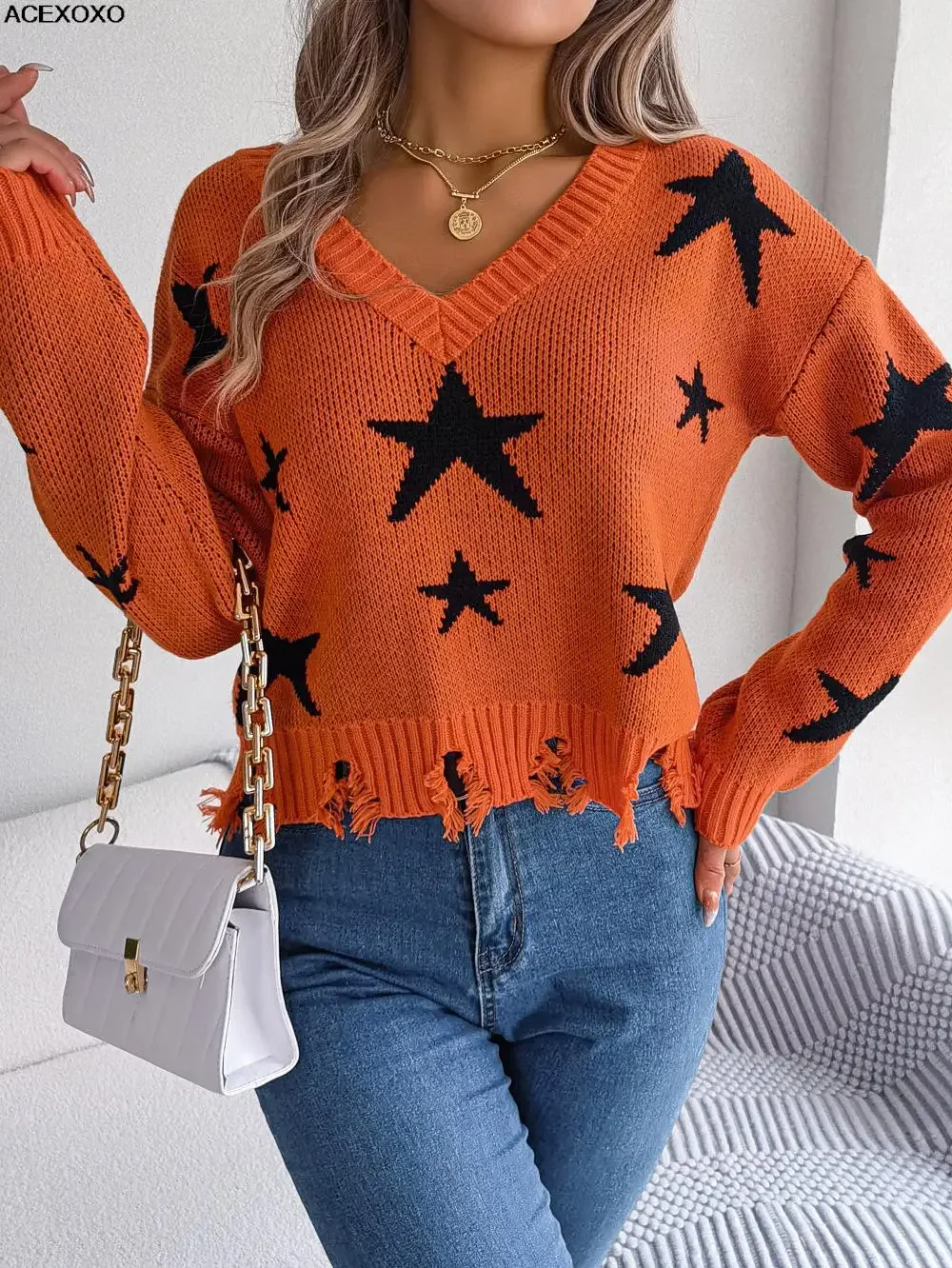 

Five star casual jacquard knitwear women launched 2023 new fashion lasso knitwear design sense jacket