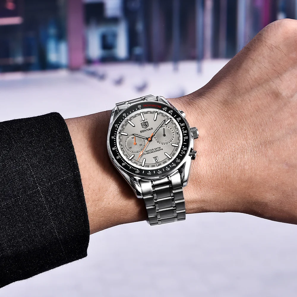 BENYAR Watch For Men Luxury Quartz Watch Top Brand 50M Waterproof Clock Casual Chronograph Stainless Steel Strap  Men Watch