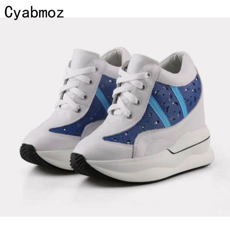 

women mixed colors 100% genuine leather height increasing 11 CM wedges high heels hollow elevator sneakers comfortable female