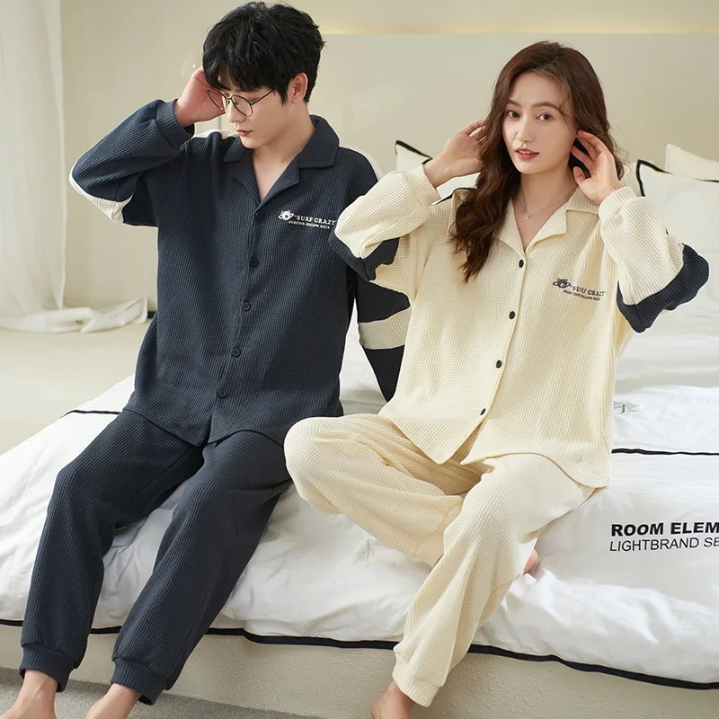 Autumn Winter Men's Waffle Pajama Set Long Sleeve Trousers Plus Size 3XL Loose-fit Casual Couple Home Clothes Women Loungewear pajama sets