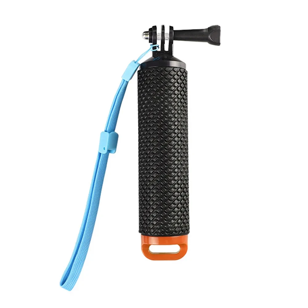 Poignée flottante pour GoPro et caméras action, antidérapante et légère, de couleur bleue, flottant dans l'eau.