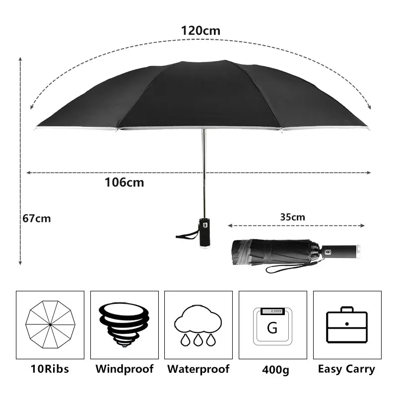 Folding Umbrella Automatic Umbrella Windproof LED Flashlight Reflective Stripe Reverse Light Rain Men Women Large
