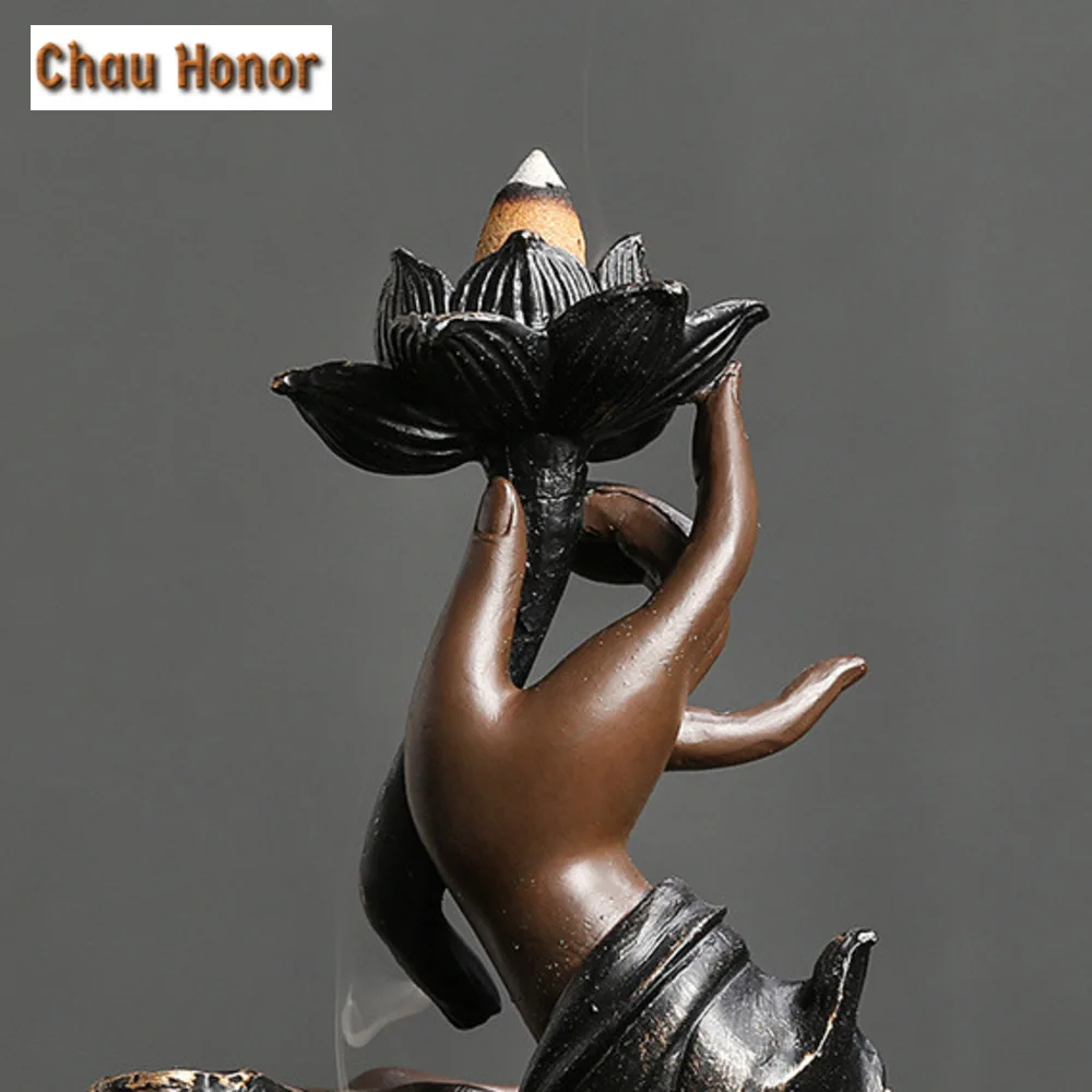Backflow Incense Burner, Handmade Resin Lotus Buddha Hand Waterfall Incense Burner for Home Relaxation Lucky Feng Shui Decor