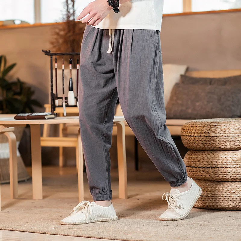 Mens Cotton Linen Summer Pants Elastic Waist Wide Leg