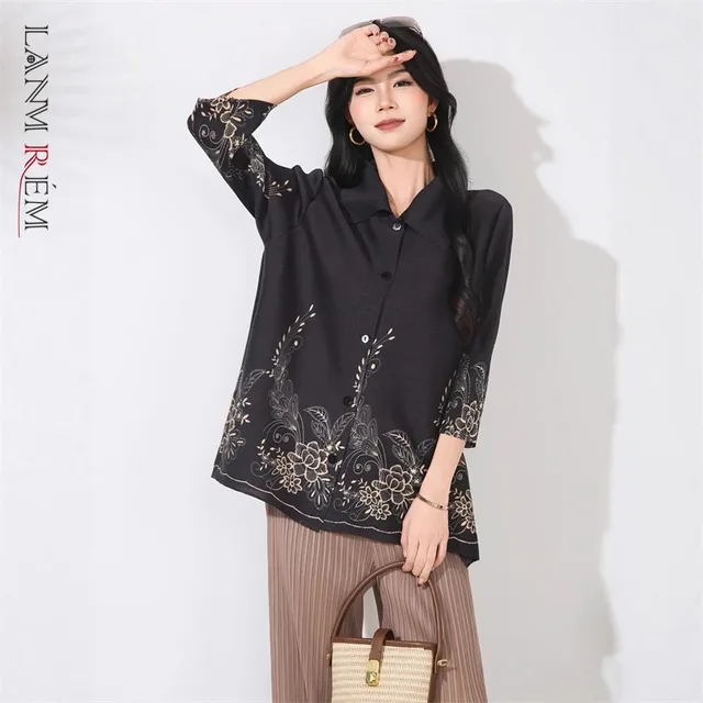 LANMREM Pleated Fashion Print Women's Shirt High-End Elastic Loose Lapel Blouse Chinese Style Three-Quarter Sleeve Top 2DB4504