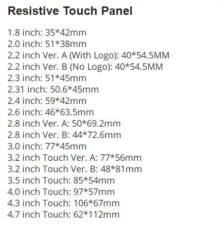 1.8"/2.0"/2.2"/2.3"/2.31"/2.4"/2.6"/2.8"/3.0"/3.2"/3.5"/4.0"/4.3"/4.7 inch TFT LCD Resistive Touch Panel