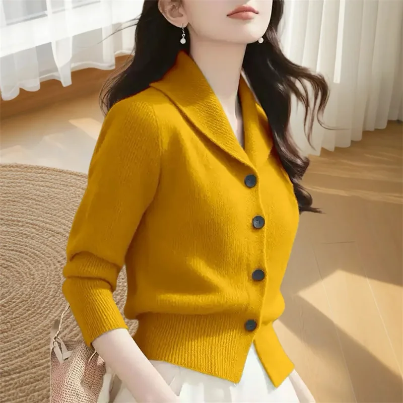Sleeve Cardigan 2025 Autumn Women Turn Down Collar Knit Elegant Single Breasted Jumpers Coat
