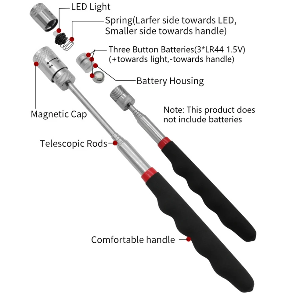Tige Télescopique Avec Aimant Puissant Et LED - Pour Ramassage D'objets Métalliques, Extensible, Marque MSTech