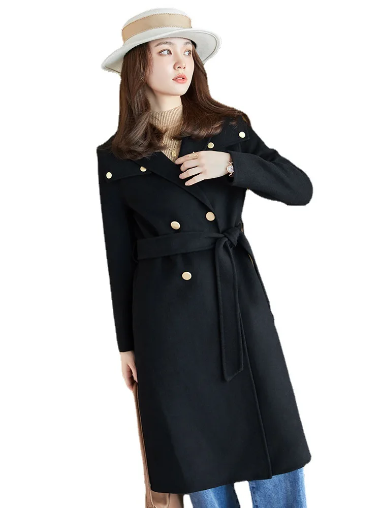 

Autumn and winter straight mid-length coat Korean style suit collar temperament commuter khaki slim woolen coat women