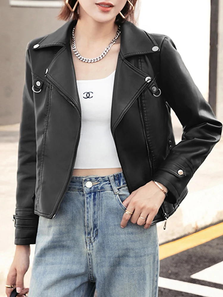 

LY VAREY LIN New Spring Autumn Motorcycle Pu Coat Women Fashion Lapel Zipper Faux Leather Jacket Lady Slim Solid Color Outwear