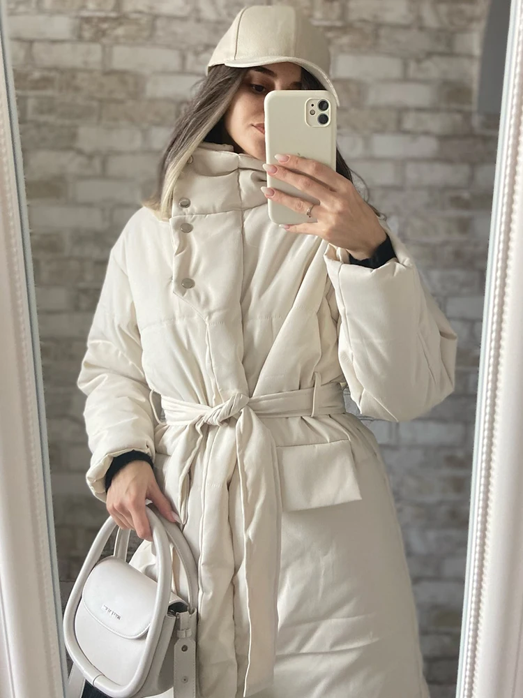 

CamKemsey Thicken Winter Coats Women Chic Stand Collar Vintage Belted Warm Down Cotton Puffer Parkas Jackets 2023