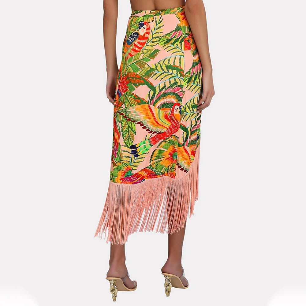 Tropical Summer Vintage One-Shoulder Swimsuit Embroidered Print Bikini and Fringe Skirt Women Sexy Lacing Up Two-Piece Swimwear