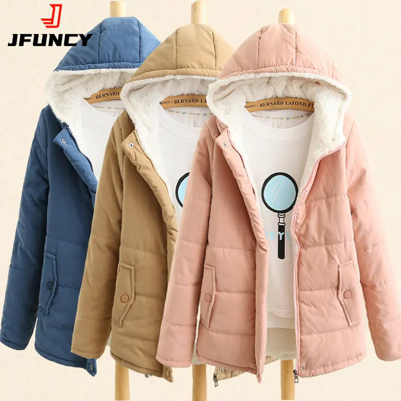 JFUNCY Women Winter Parkas 2022 Fashion Women's Jackets Fleece Hooded Windproof Warm Velvet Female Cotton Coat Pink Blue Khaki
