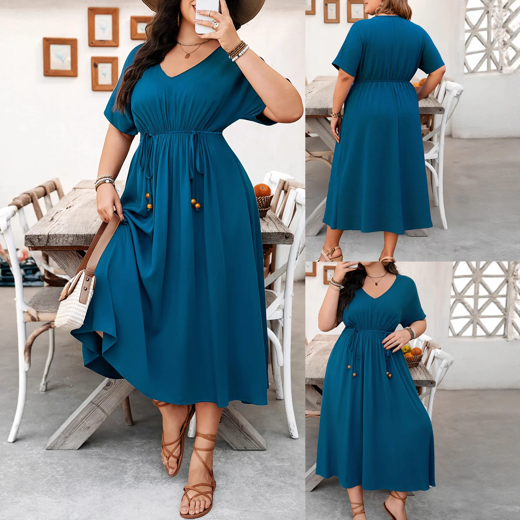 Plus Size Elegant V-neck Short Sleeve plus Size Dress Slimming Waistline Fashionable Women's Clothing Cross-Border Large Size...