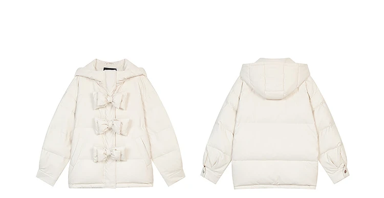 ELFSACK Women's Winter Short down Jacket Hooded Bow Button Detail New Arrival Fashion Outerwear