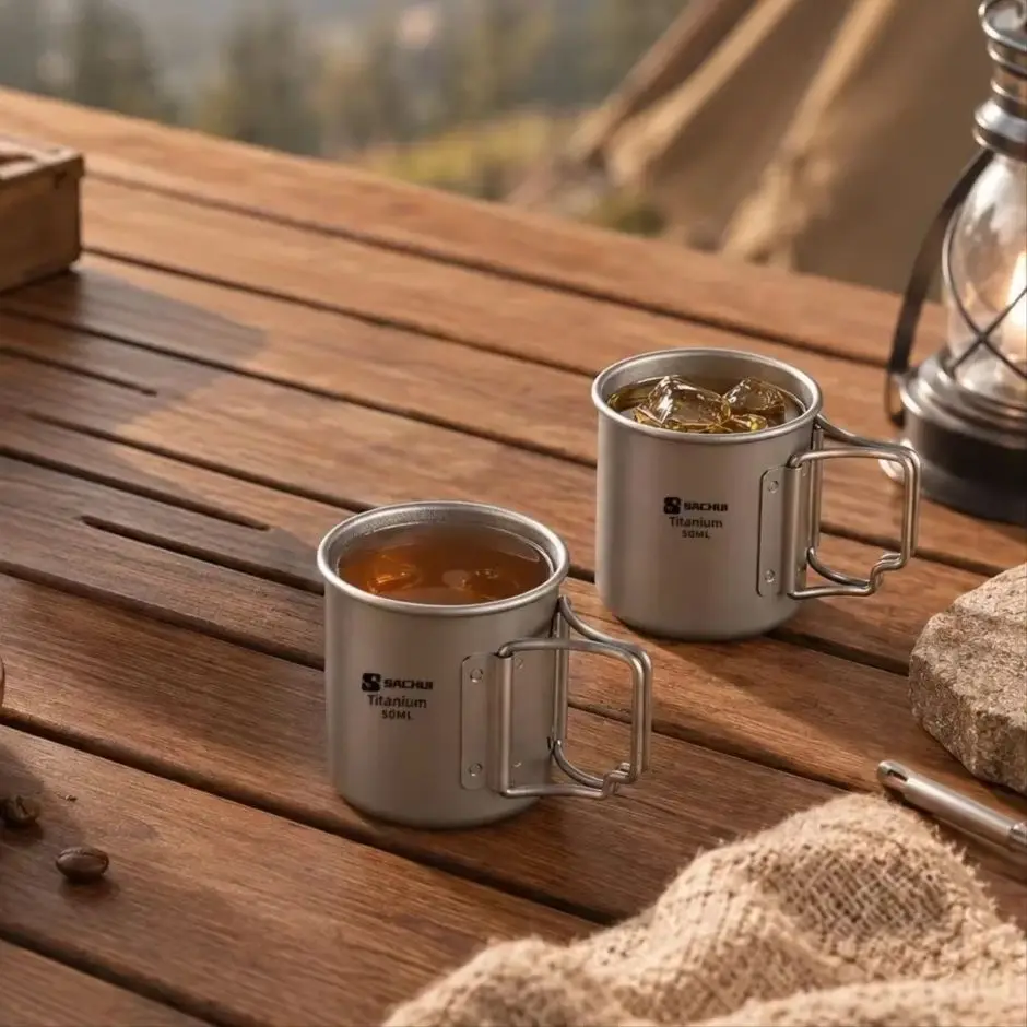 Compact 50ml Ultralight Titanium Outdoor Mug with Foldable Handle