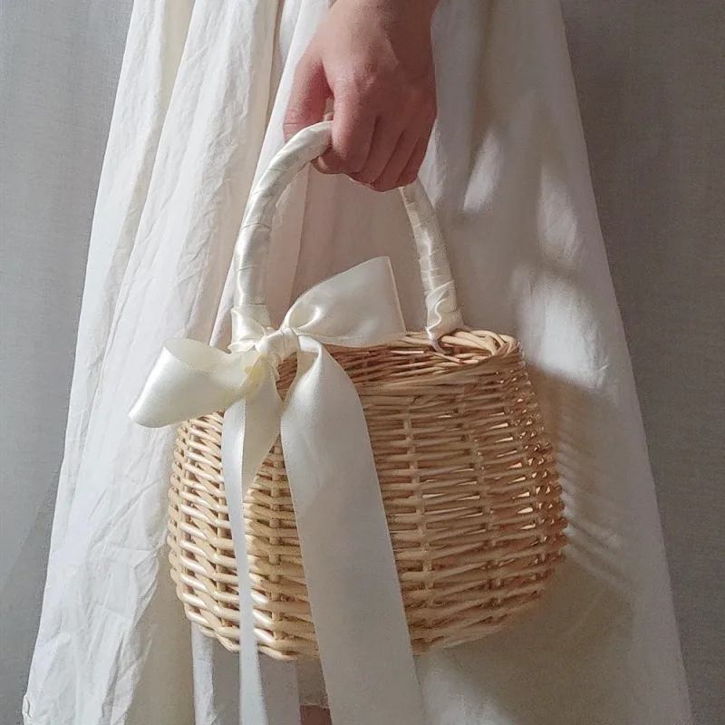 Wicker Flower Basket Rustic Style Woven Handbag Handmade Rattan Woven Trendy Concise Women Handbag Picnic Fabric Rattan Basket