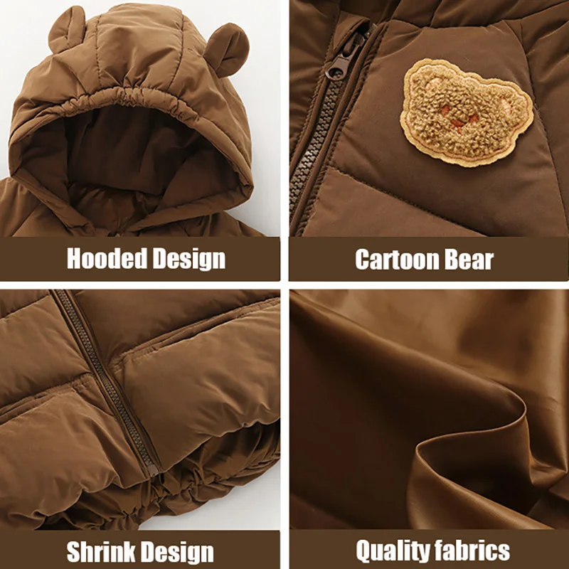 Boys Girls Cartoon Bear Baby Winter Coat Thicken Cotton Jacket Hooded Top Snow Outerwear Korean Costume 1-6T